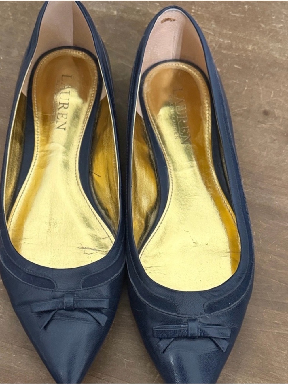 Ralph Lauren Navy Pointed-Toe Bow Flats with Gold Insole